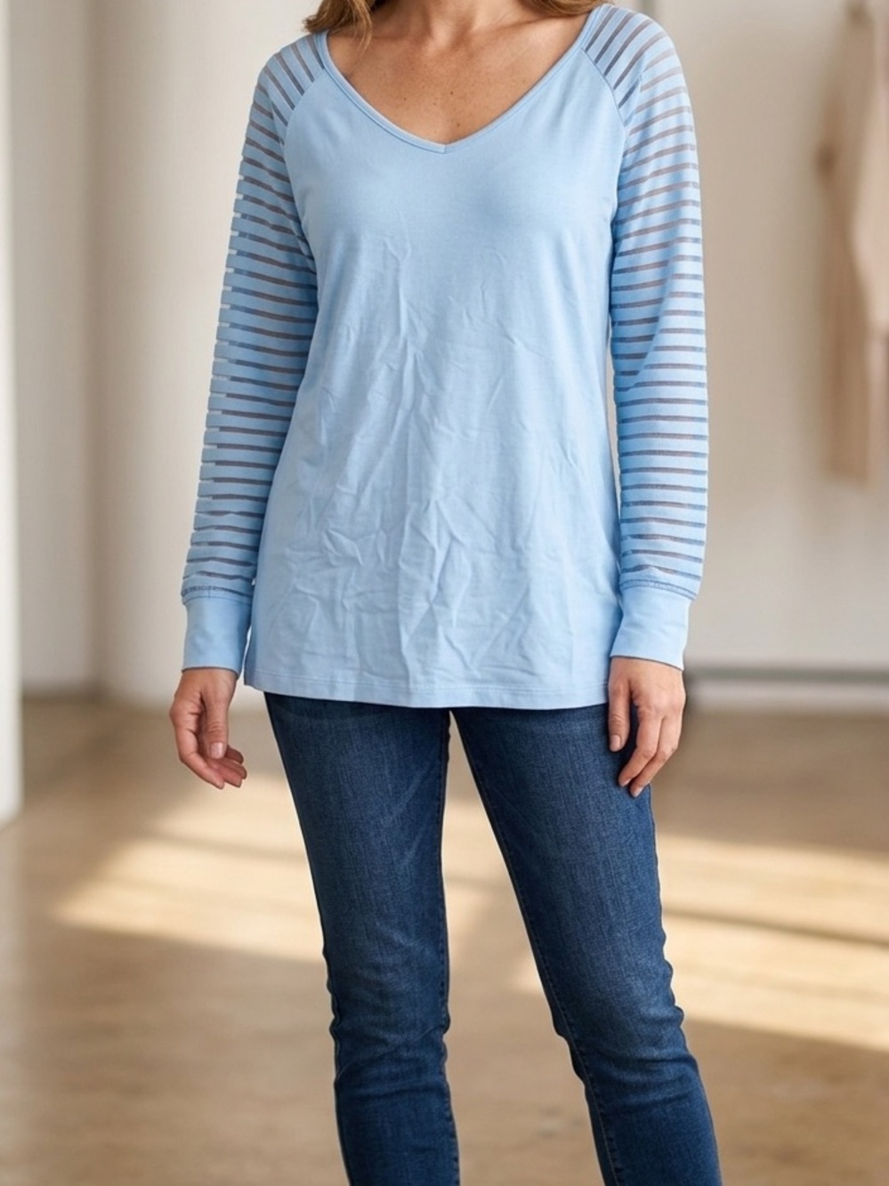 NWT Asew Elegant Blue Long Sheer Sleeve V-Neck Front & Back Women's Top sz L